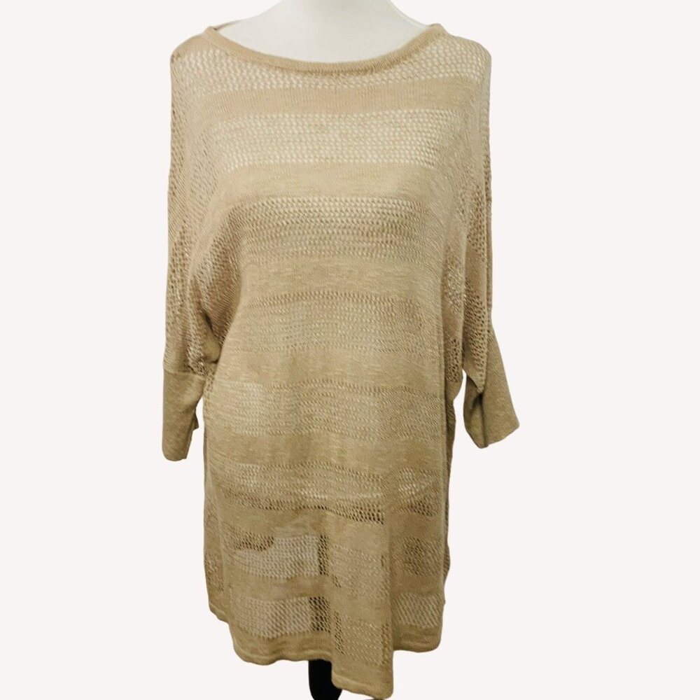Lane Bryant Tan Fishnet Loose Knit Sweater Plus Size 18 Tunic Dolman 3/4 Sleeve